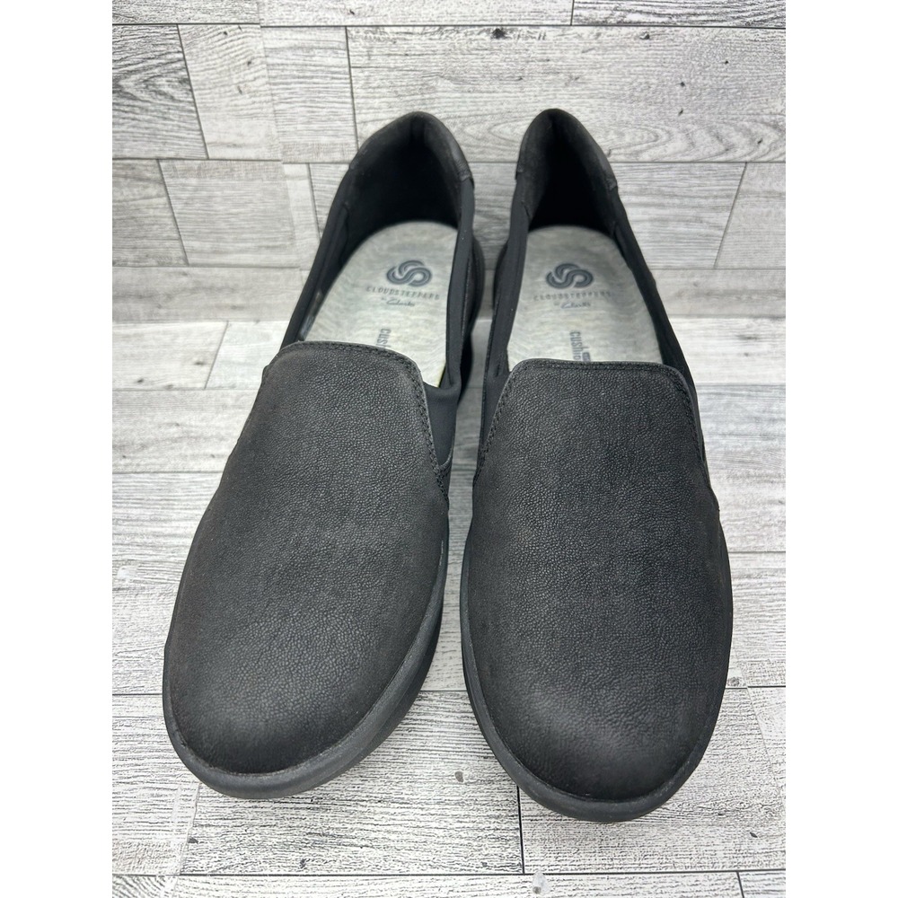 Clarks Step Rose Moon Womens Size 8.5M Black Fabric Wedge Slip On Platform Shoes